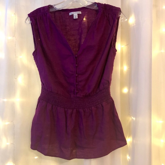 Purple 100% Linen Smocked Waist Blouse Career Top - Picture 1 of 8